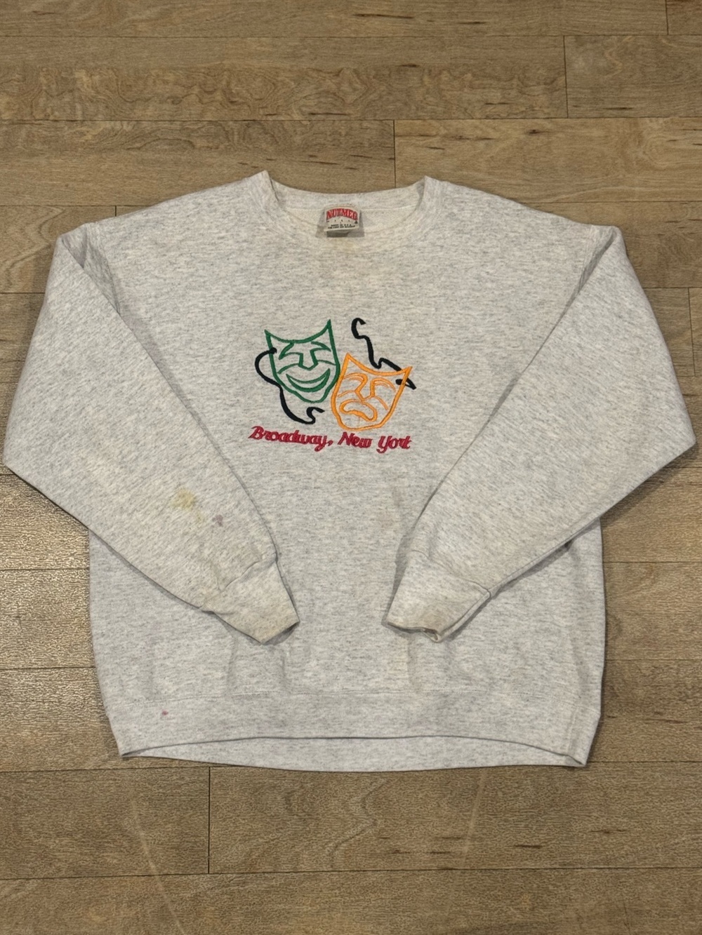 Vintage Broadway New York Crewneck Sweatshirt Grey Embroidered Theatrical Mask